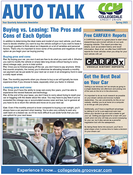Image of front page of Auto Talk Spring 2023 Newsletter.