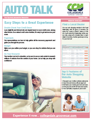 Image of front page of Auto Talk Summer 2022 Newsletter. Top 5 Features of Our Auto Shopping Website, Find a Local Dealer, and Easy Steps to a Great Experience