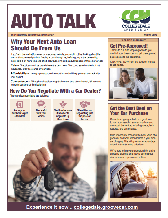 Image of front page of Auto Talk Winter 2022 Newsletter. Why Your Next Auto Loan Should Be From Us