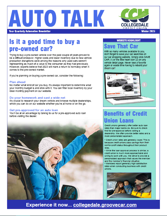 Image of front page of Auto Talk Winter 2023 Newsletter. Is it a good time to buy a pre-owned car?