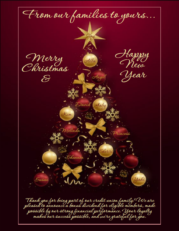 Burgandy Background with image of Christmas tree with bred and gold ornaments with CCU staff members names on them.  Gold text says From our families to yours... Merry Christmas & Happy New Year!